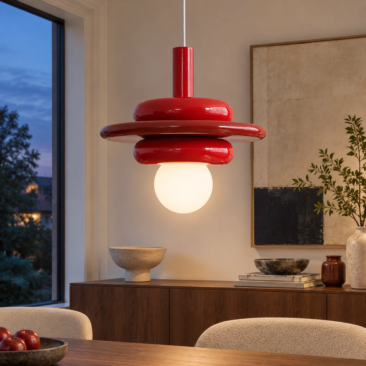 Nadine red pendant blue hour scene