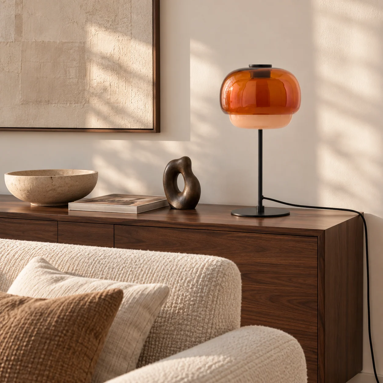 Orange Barbara lamp in a warm living room