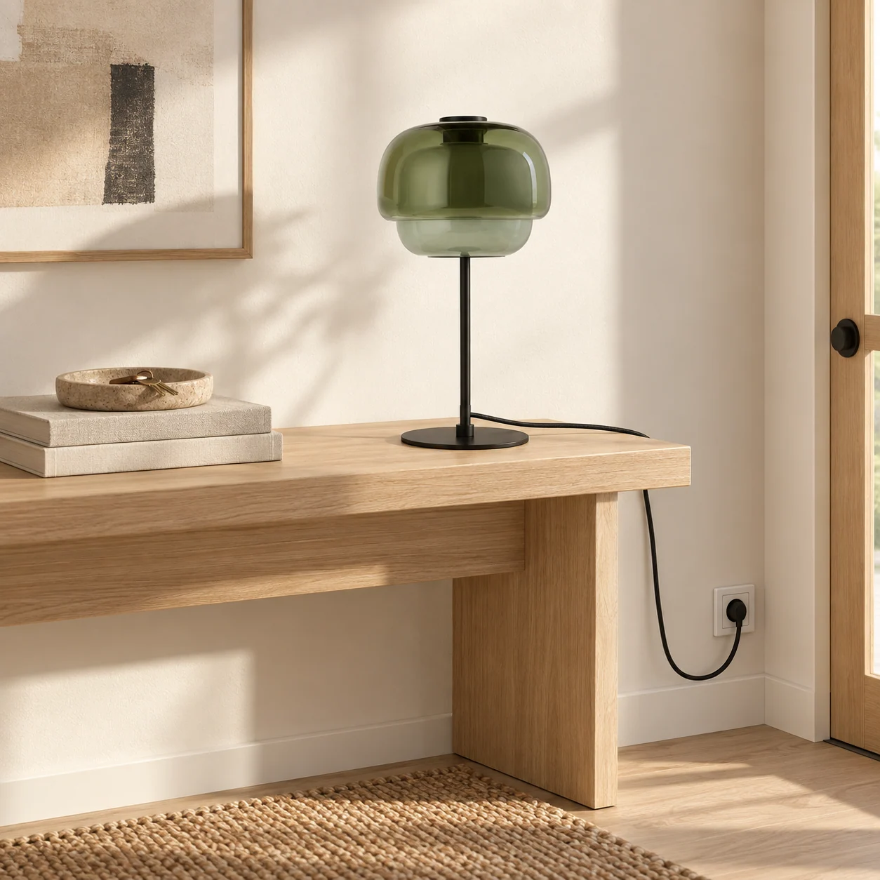Green Barbara lamp on a modern entryway console