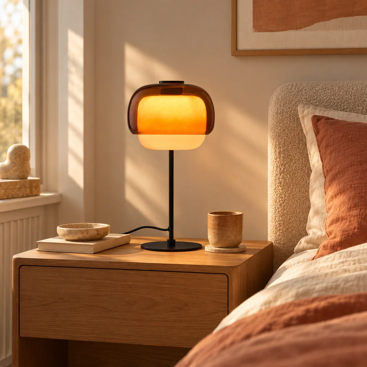 Orange Barbara table lamp in a warm bedroom