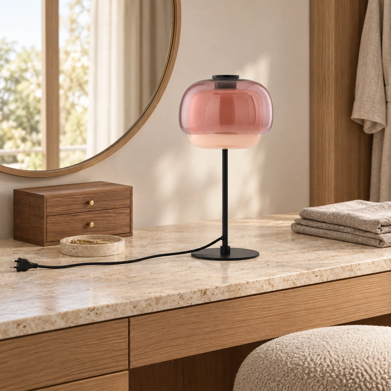 Pink Barbara lamp in a Nordic dressing area