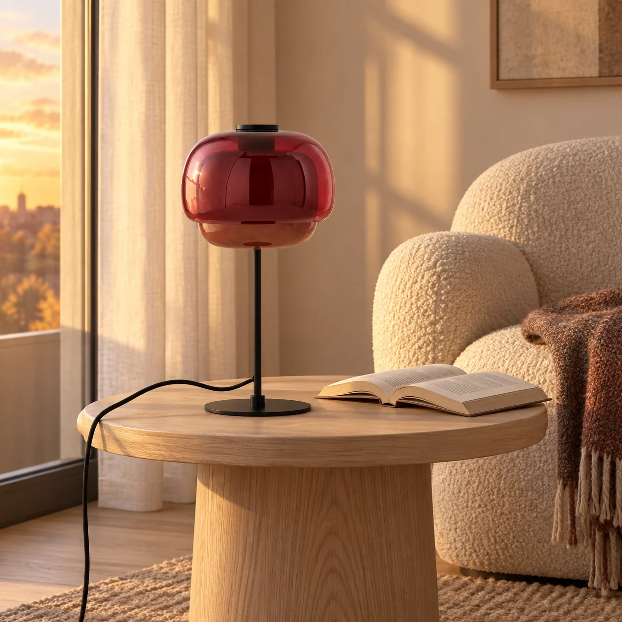 Red Barbara table lamp in a warm reading corner