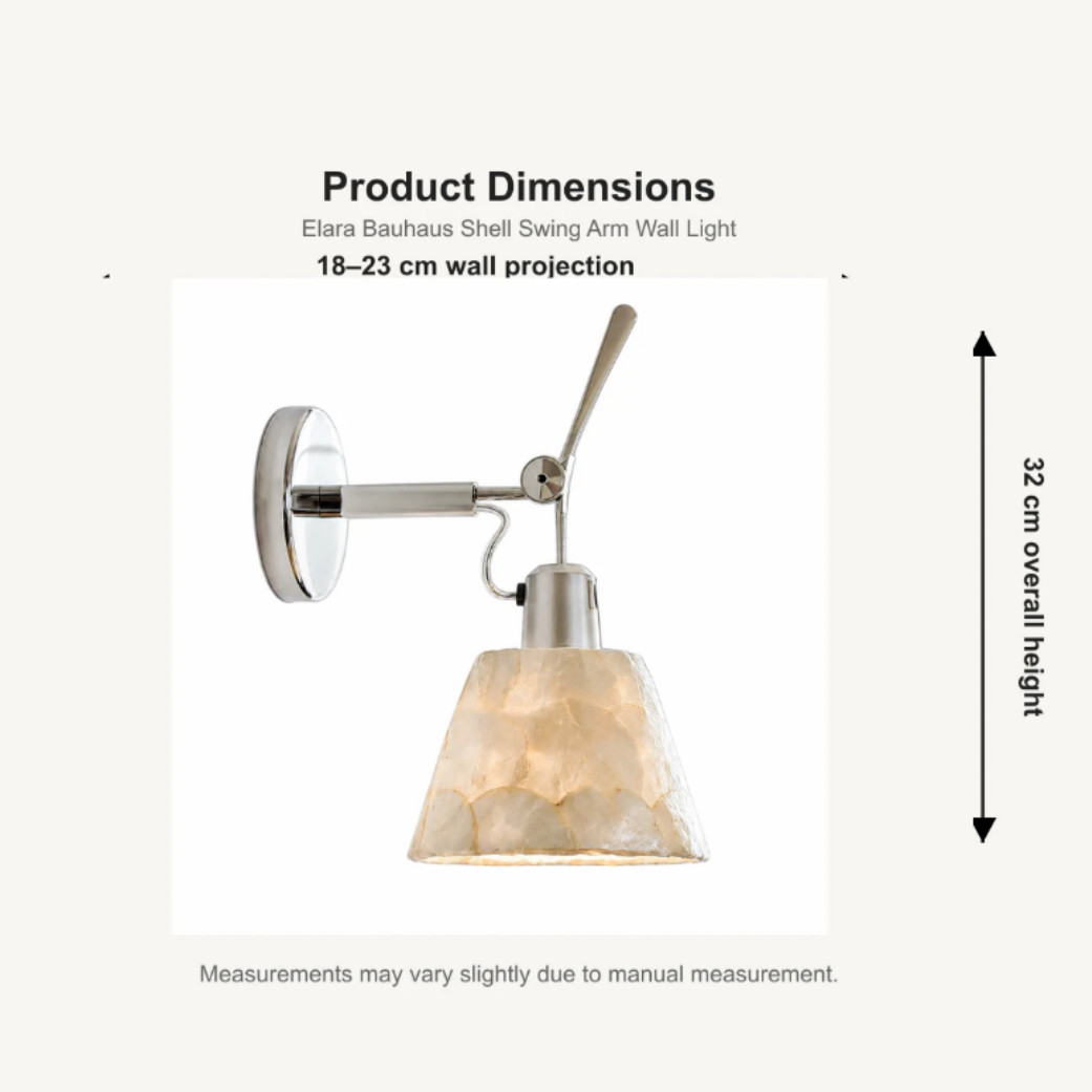 Elara wall light dimensions showing 18 cm shade diameter, 32 cm overall height and 18 to 23 cm projection