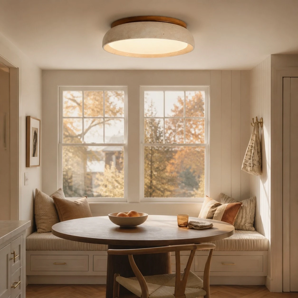 Travertine light over a dining area