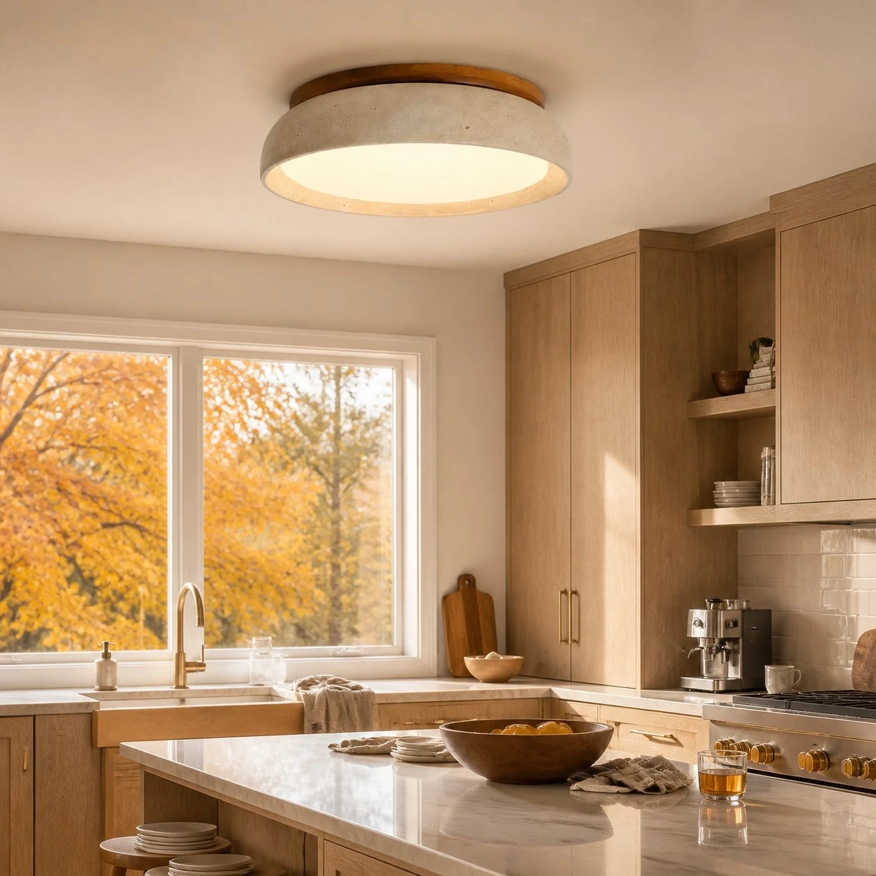 Travertine light in a bright kitchen