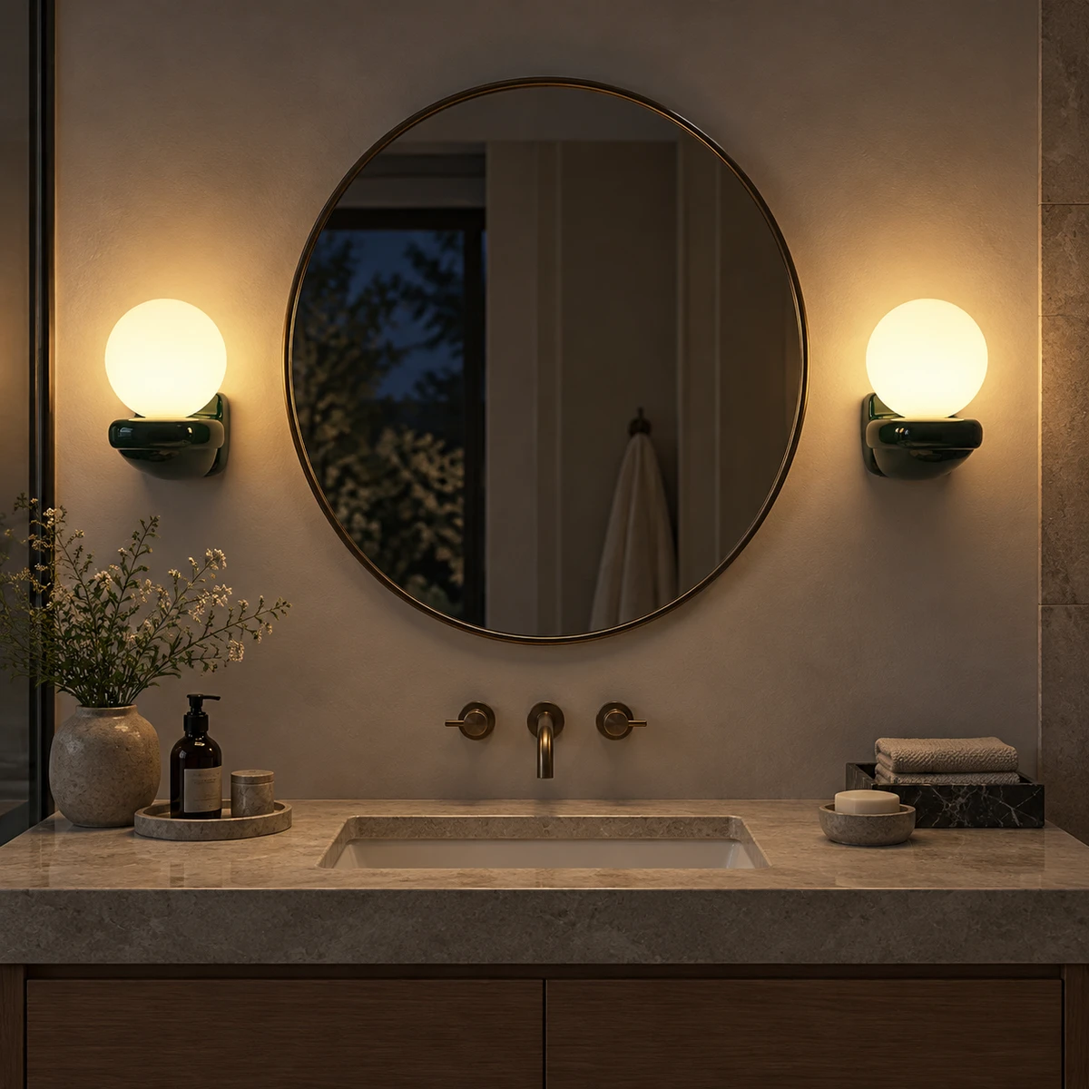 Pair of green wall lamps in bathroom