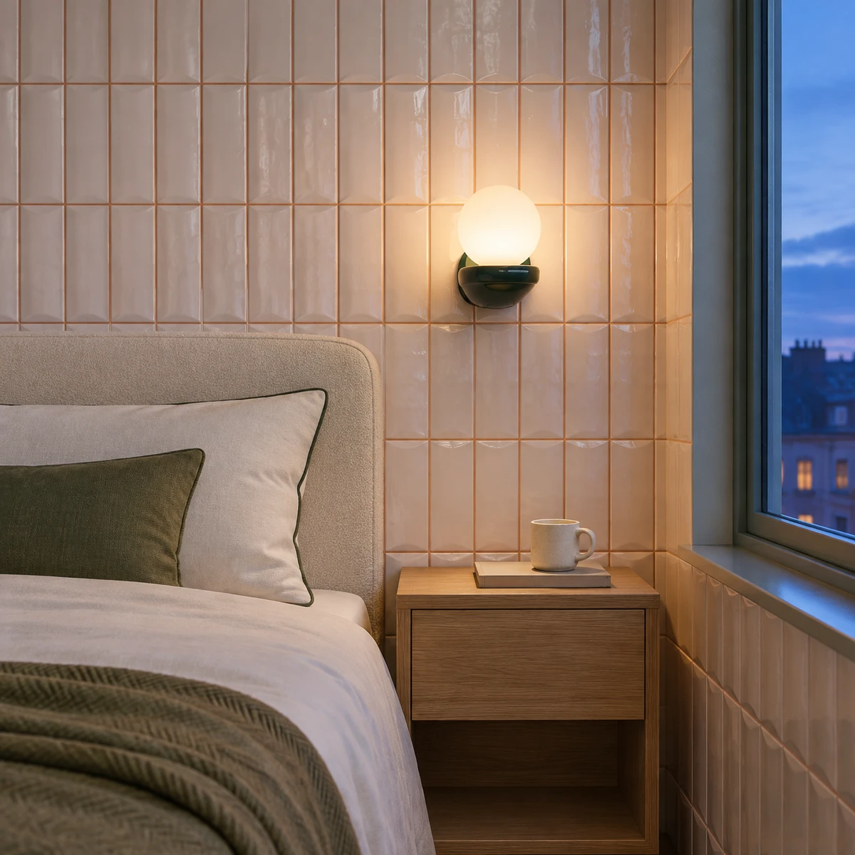 Pink orb wall lamp at blue hour