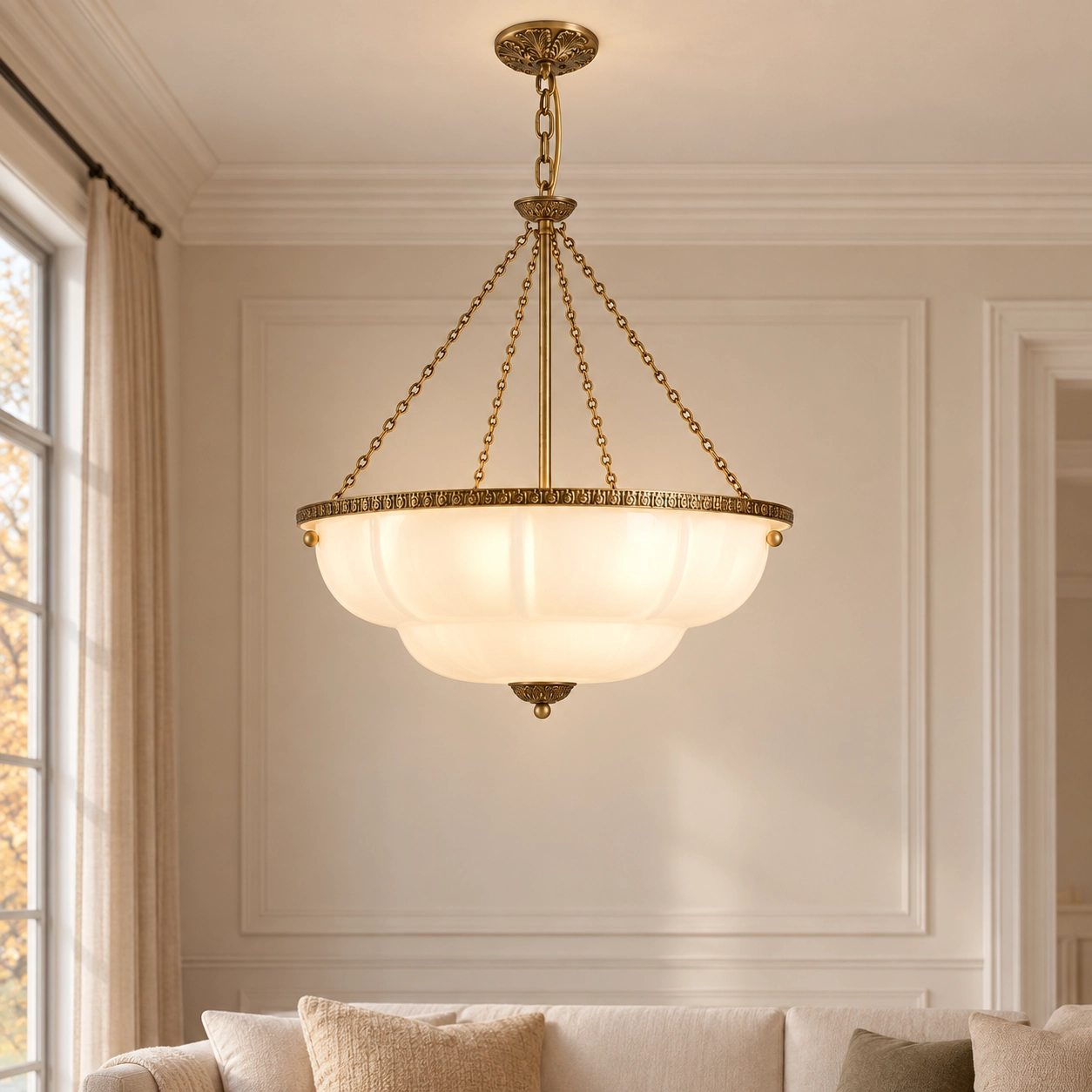 Milk white scalloped chandelier switched on in a tall living room