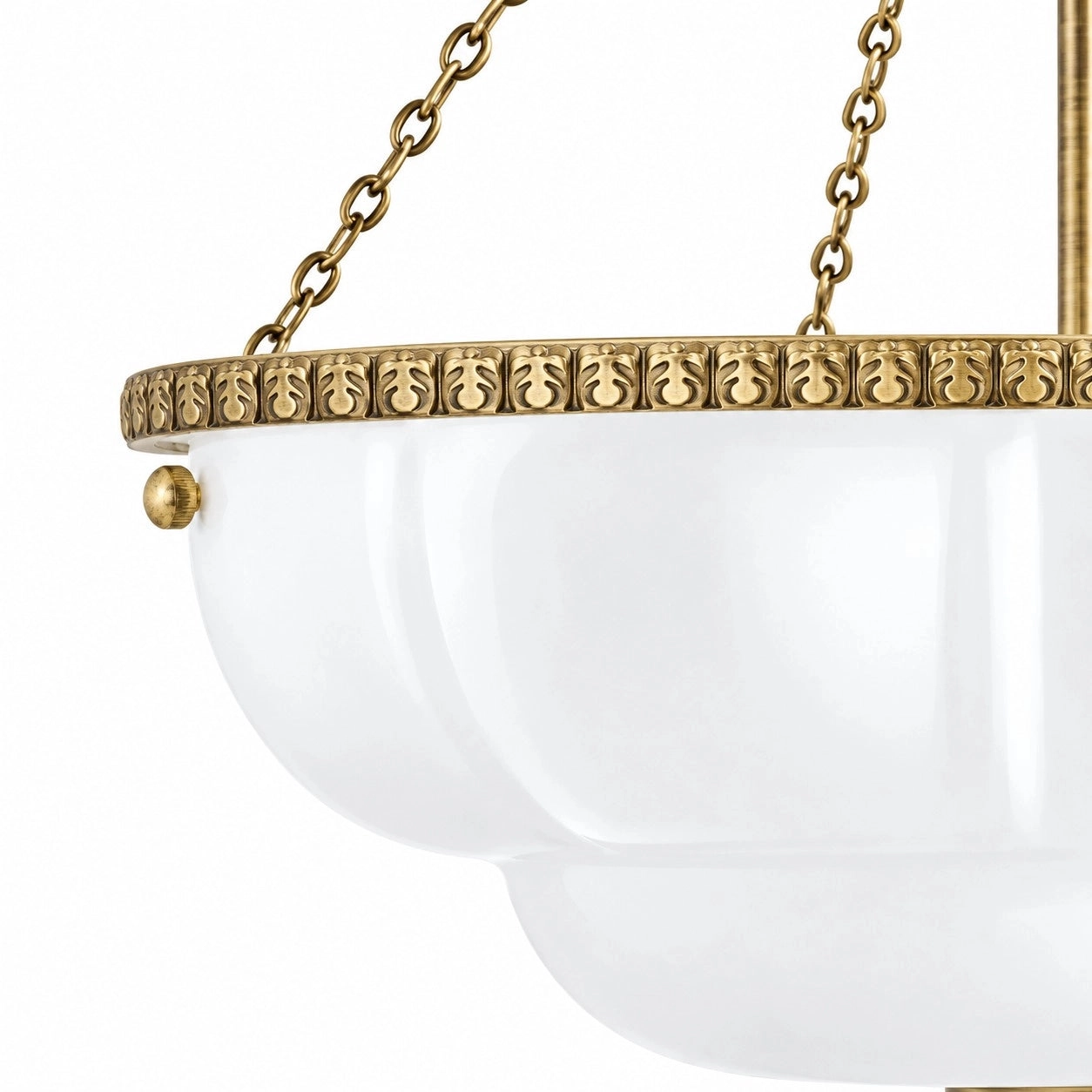 Ornate brass rim and milk glass detail
