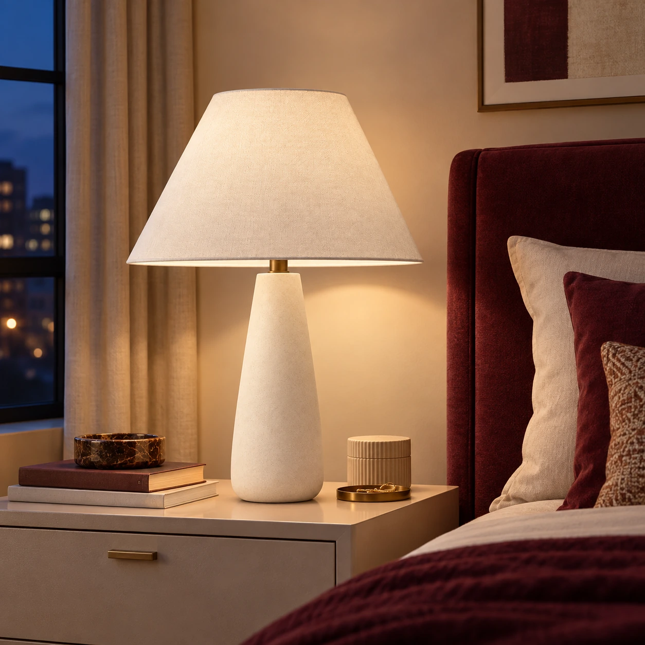 Modern tapered table lamp glowing in a night bedroom scene