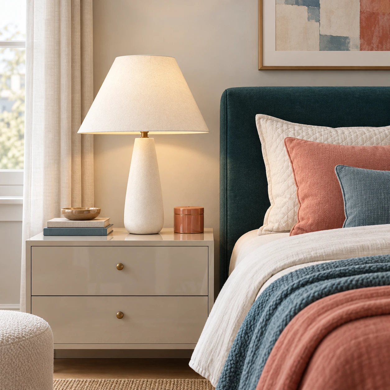Modern tapered table lamp on a left bedside table