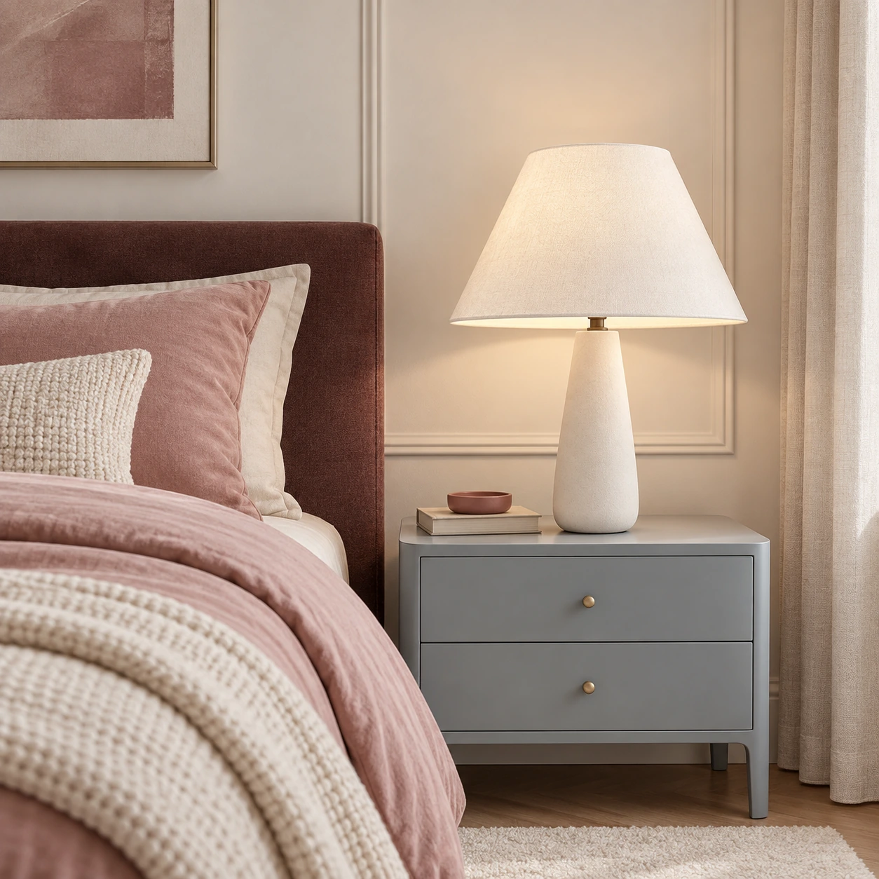 Modern tapered table lamp on a right bedside table