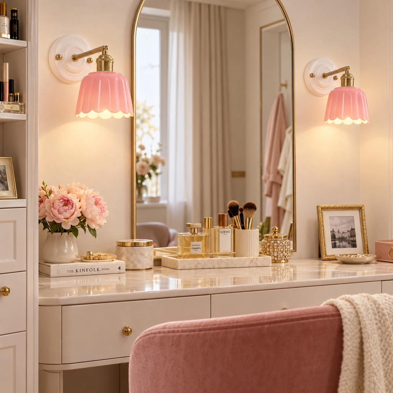 Pair of white wall lights beside a wide mirror