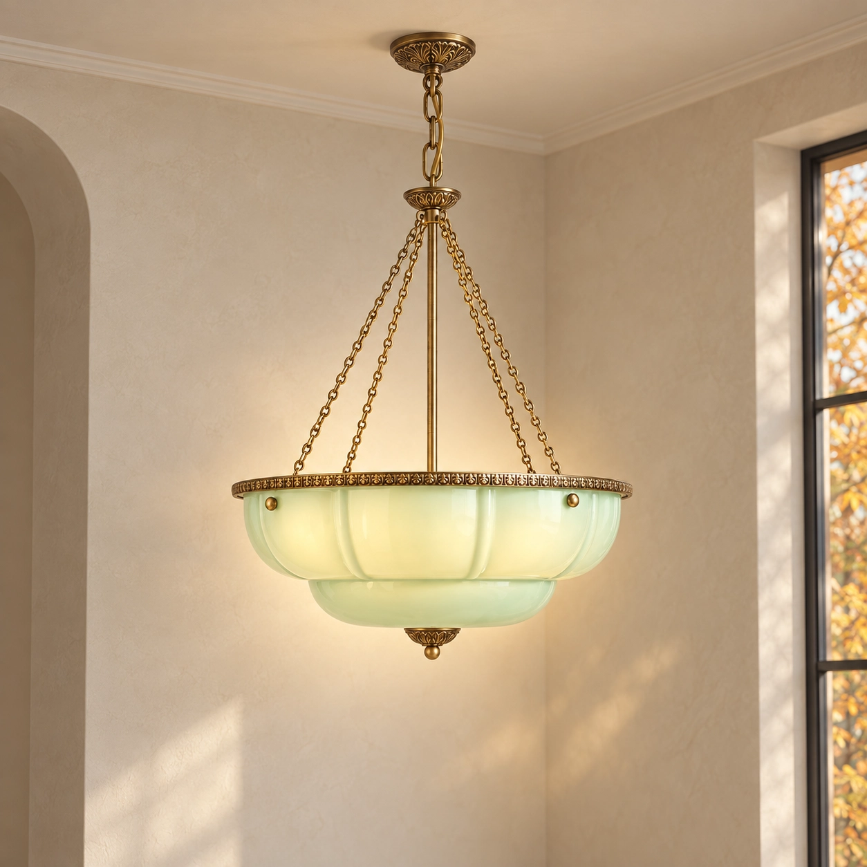 Karen Eloise Vintage Scalloped Glass Chandelier - hero green lit v2
