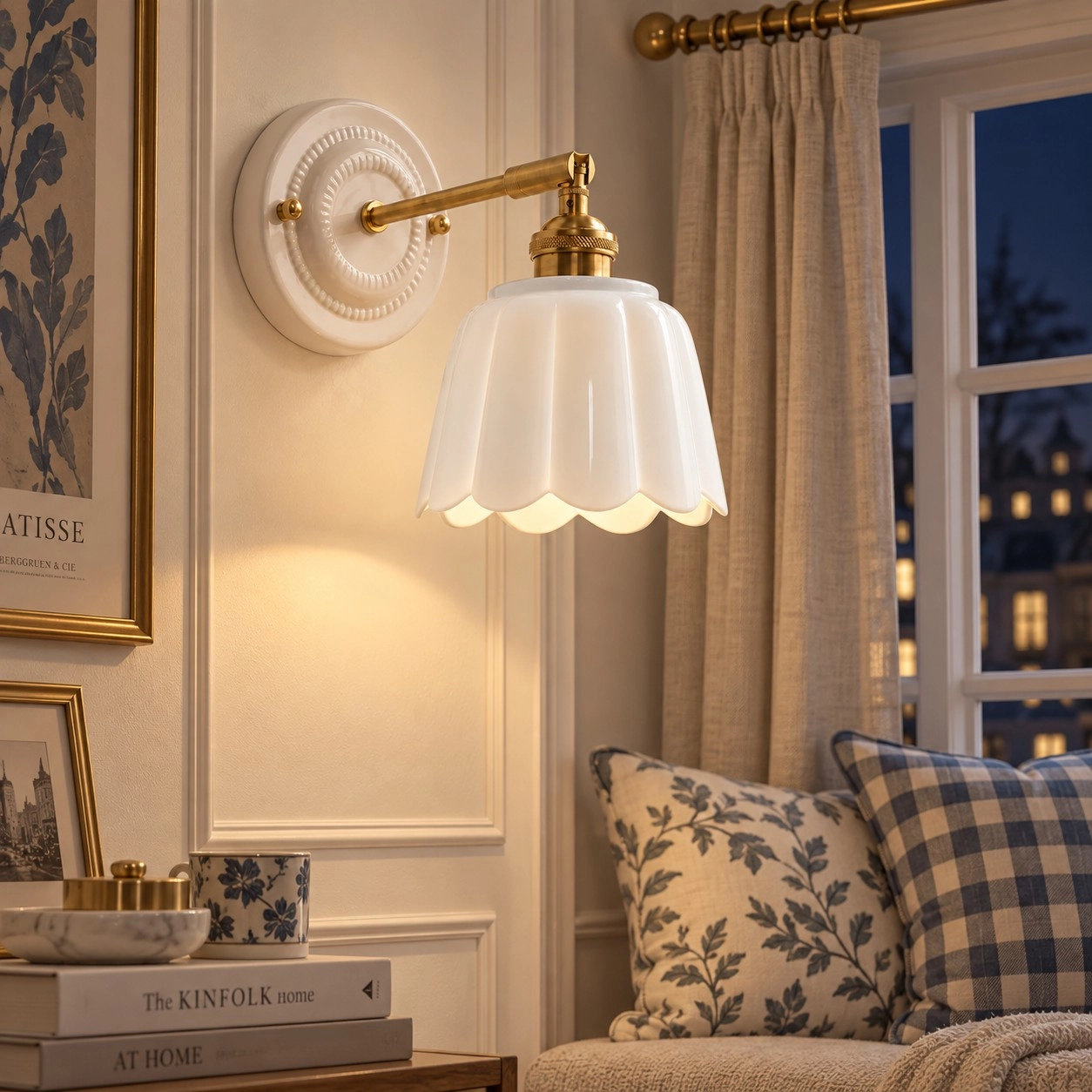 White petal ceramic wall light in a sculptural Nordic interior