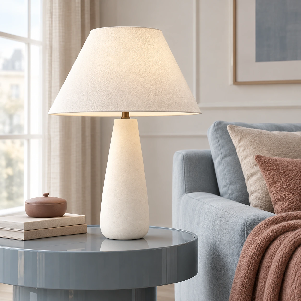 Modern tapered table lamp beside a muted blue sofa