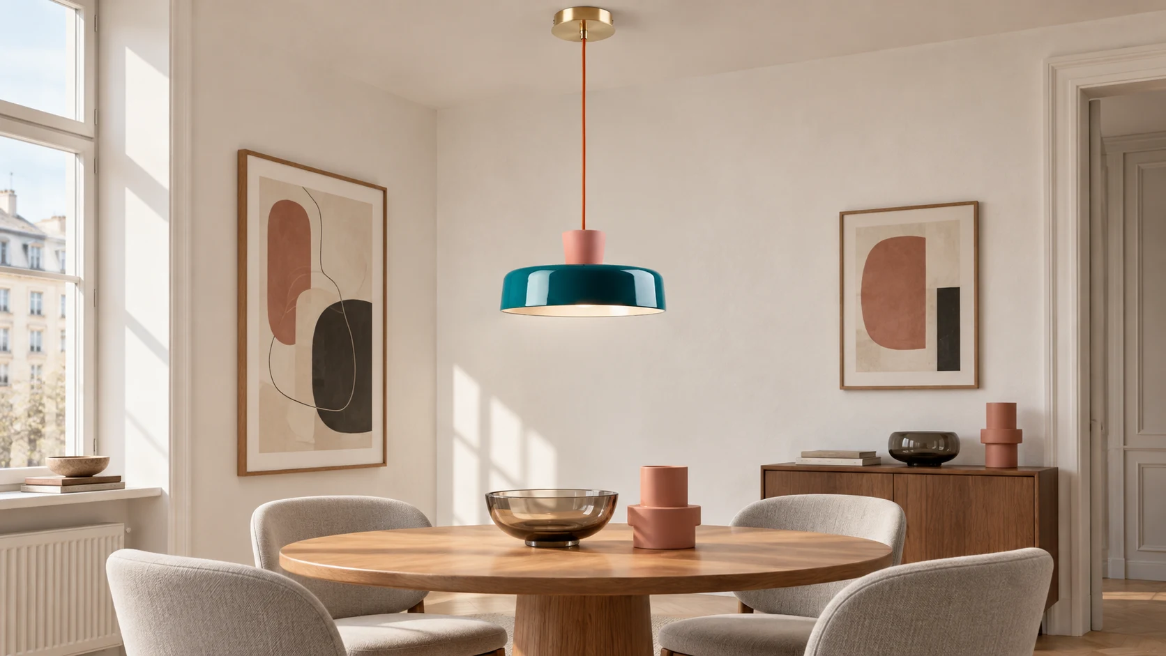 Suki peacock blue pendant light above a refined Nordic dining room