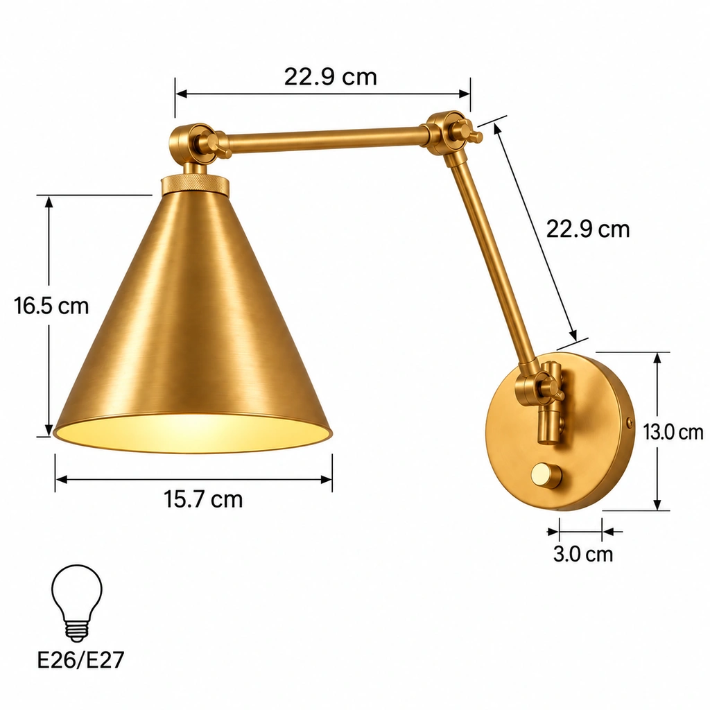 Jove Industrial Adjustable Swing Arm BrassWall Light dimensions in centimetres