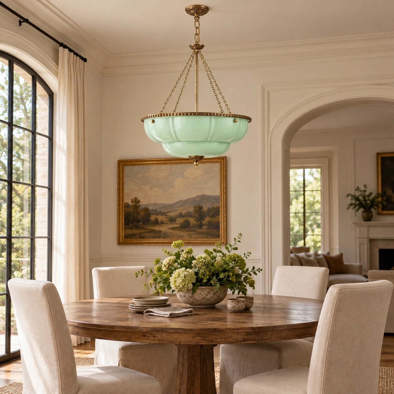 Green scalloped chandelier in a tall stair landing