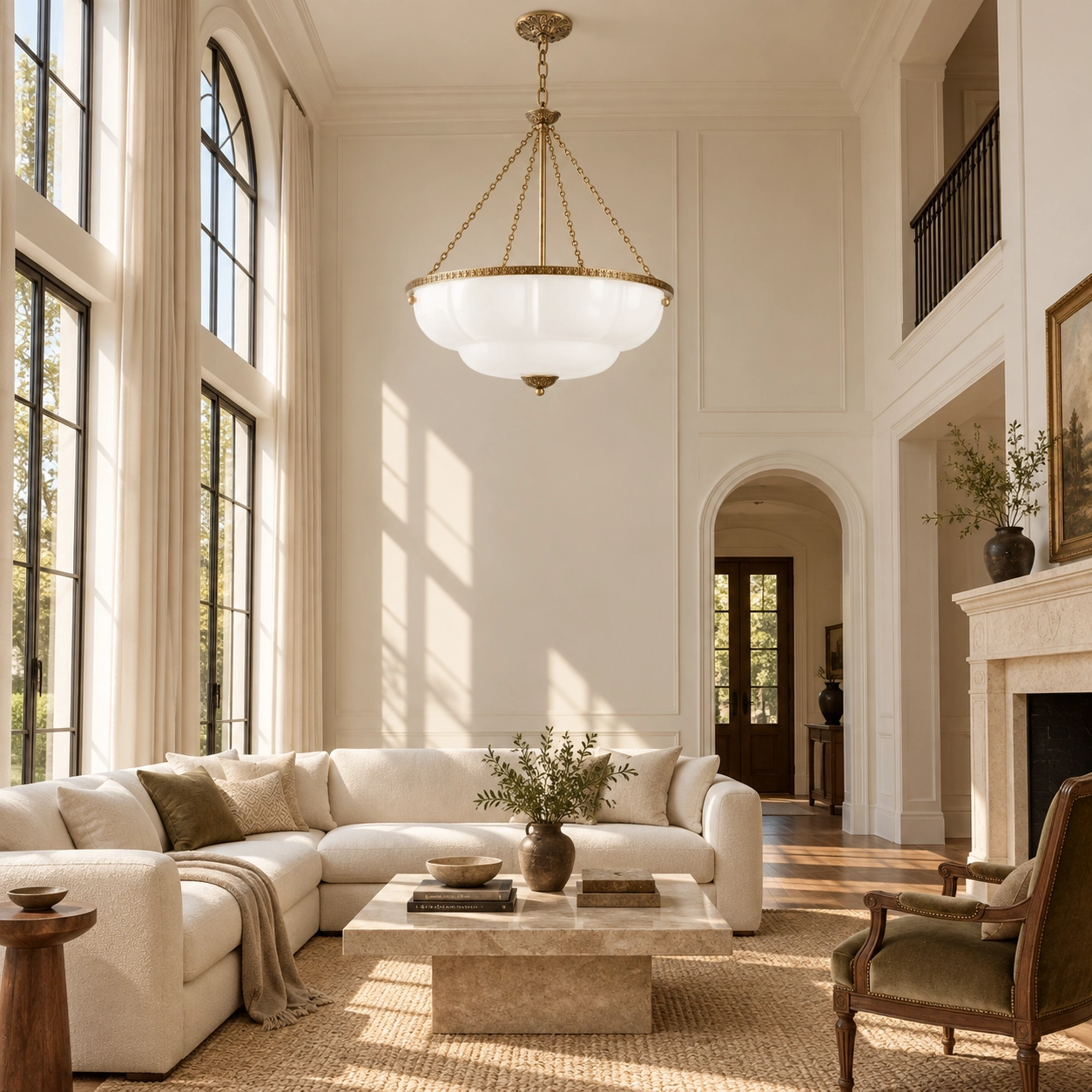 White scalloped chandelier above a dining table