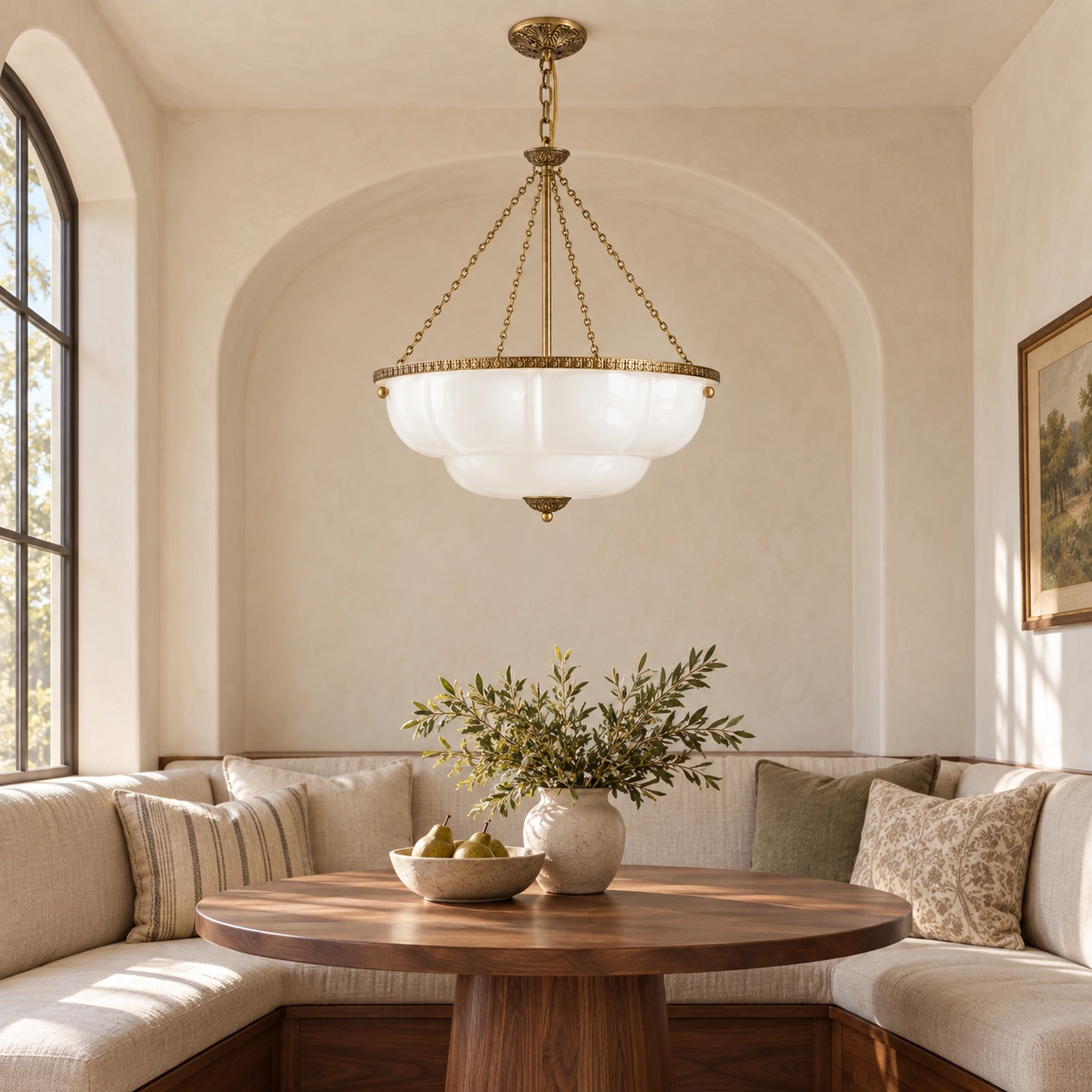 White scalloped chandelier in a tall corridor