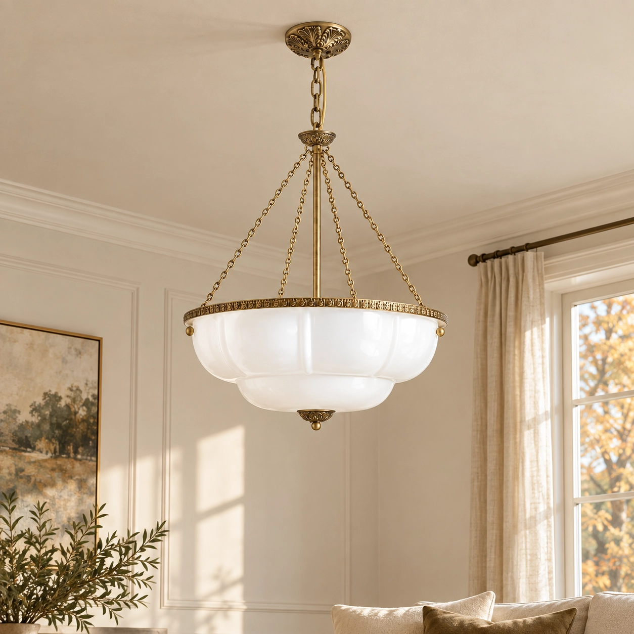 White scalloped chandelier in a sophisticated study
