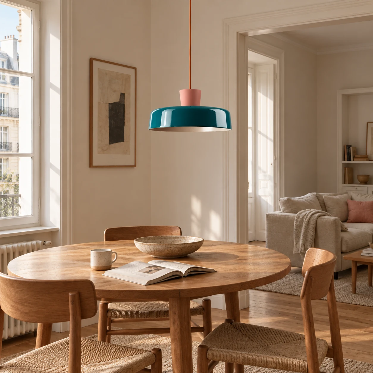 Suki pendant light in a living and dining transition