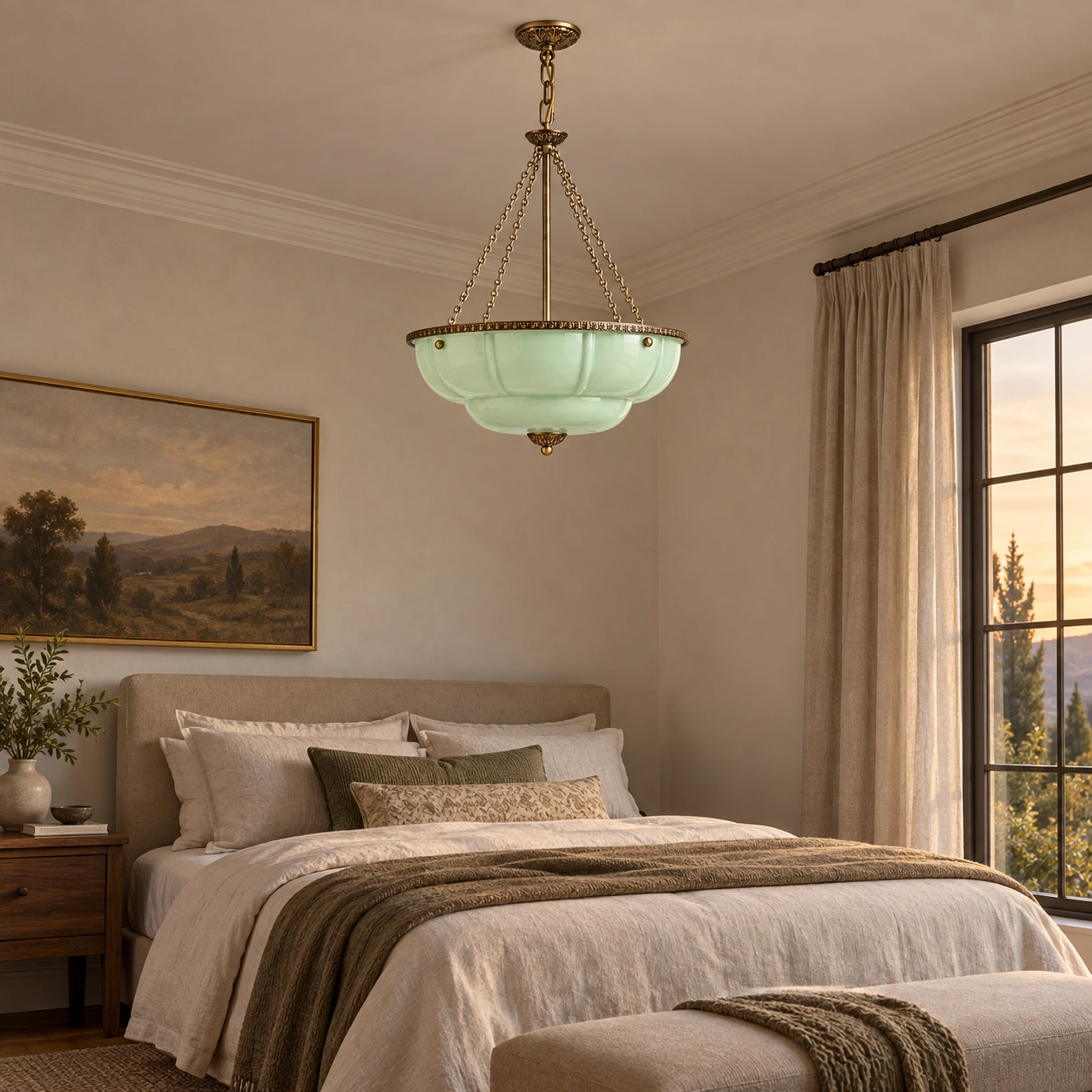 Green scalloped chandelier above a kitchen island