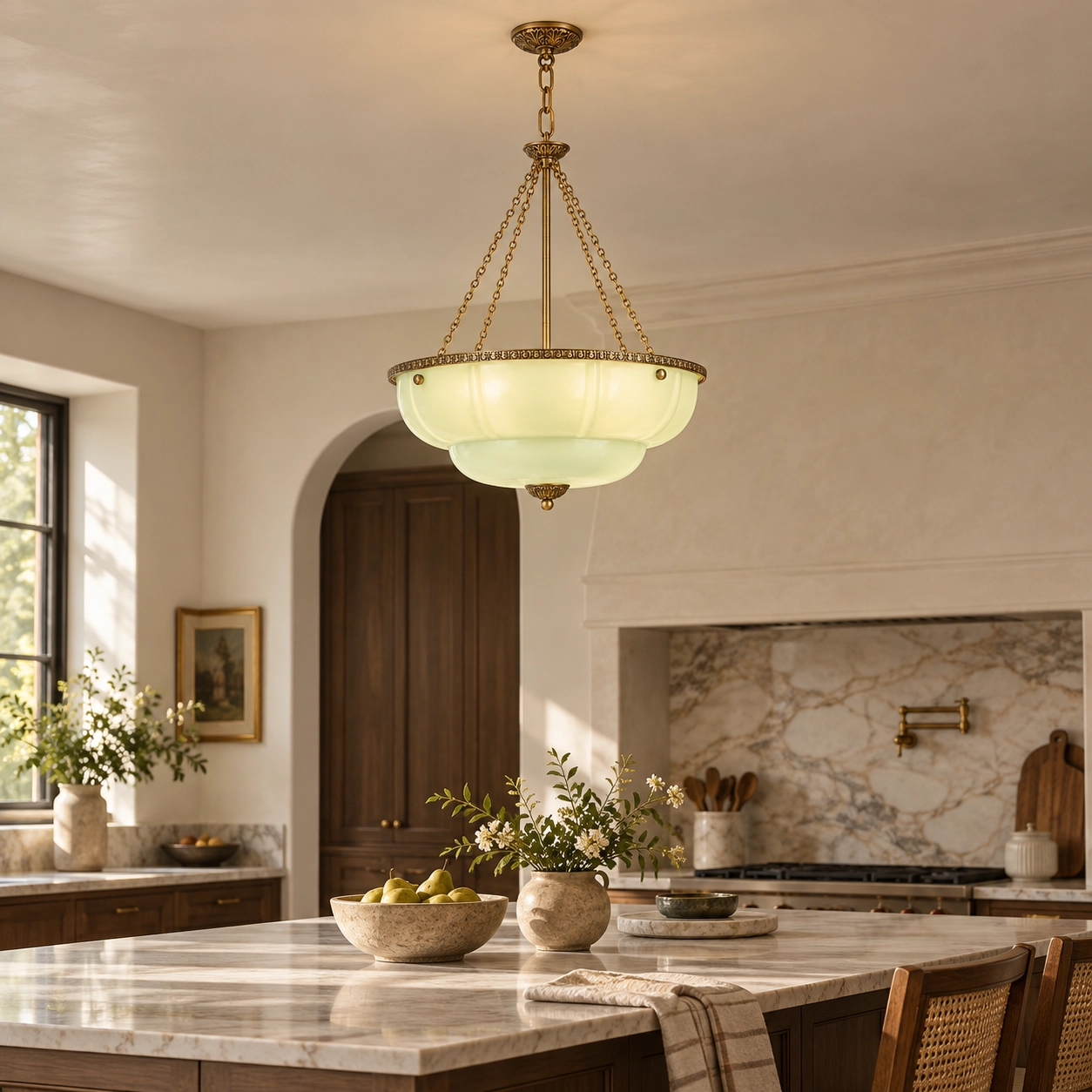 Green scalloped chandelier switched on above a refined kitchen island