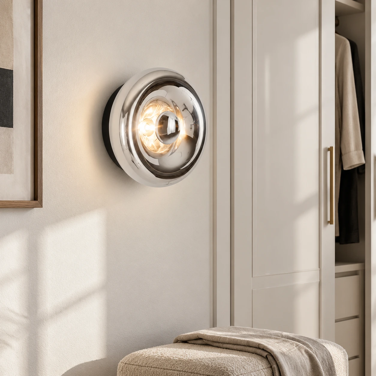 Chrome Lyric wall light in a bright dressing corner