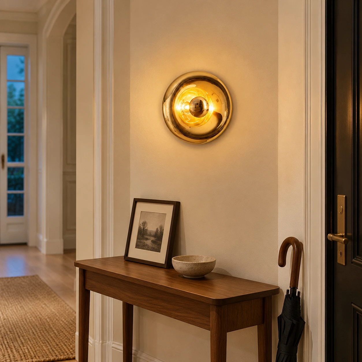 Lyric Gold wall light in a furnished blue-hour hallway