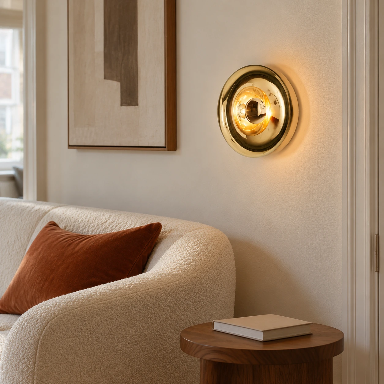 Gold Lyric round wall light beside a cream sofa