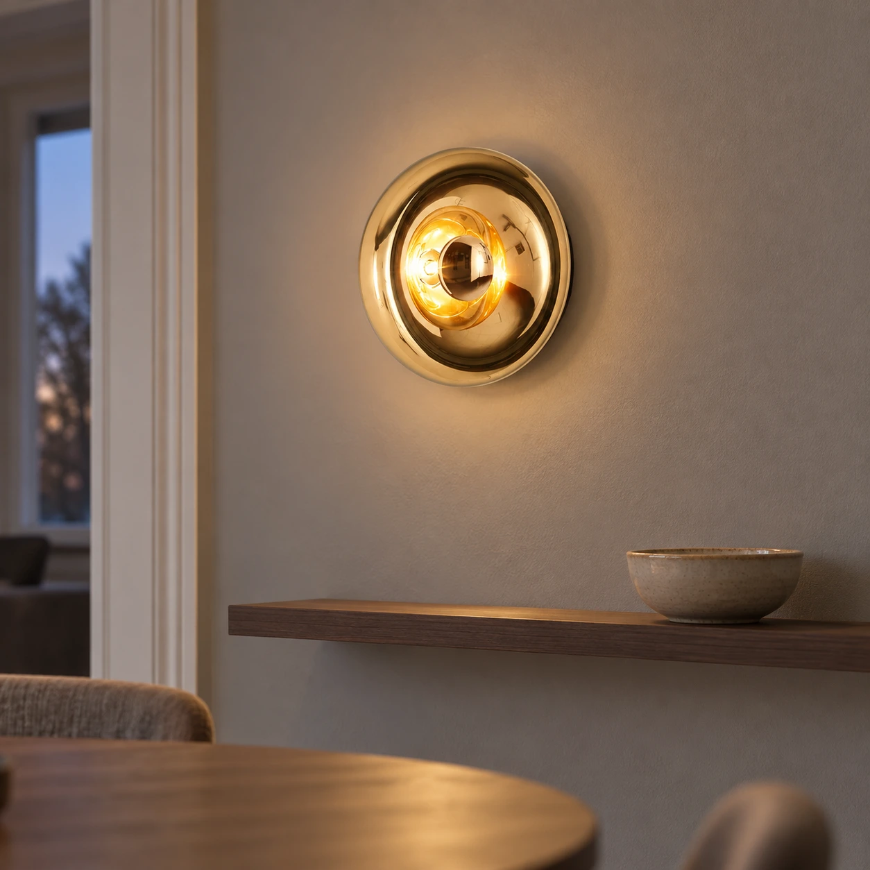 Gold Lyric wall light on a contemporary dining room wall