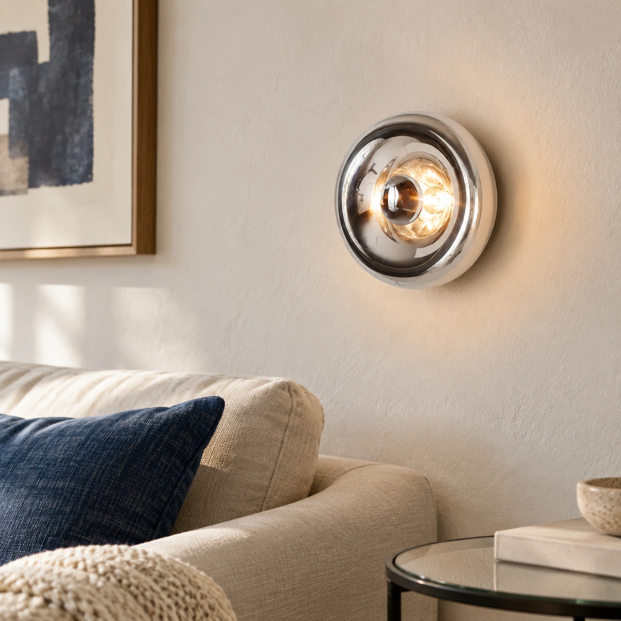 Chrome Lyric round glass wall light in a contemporary living room