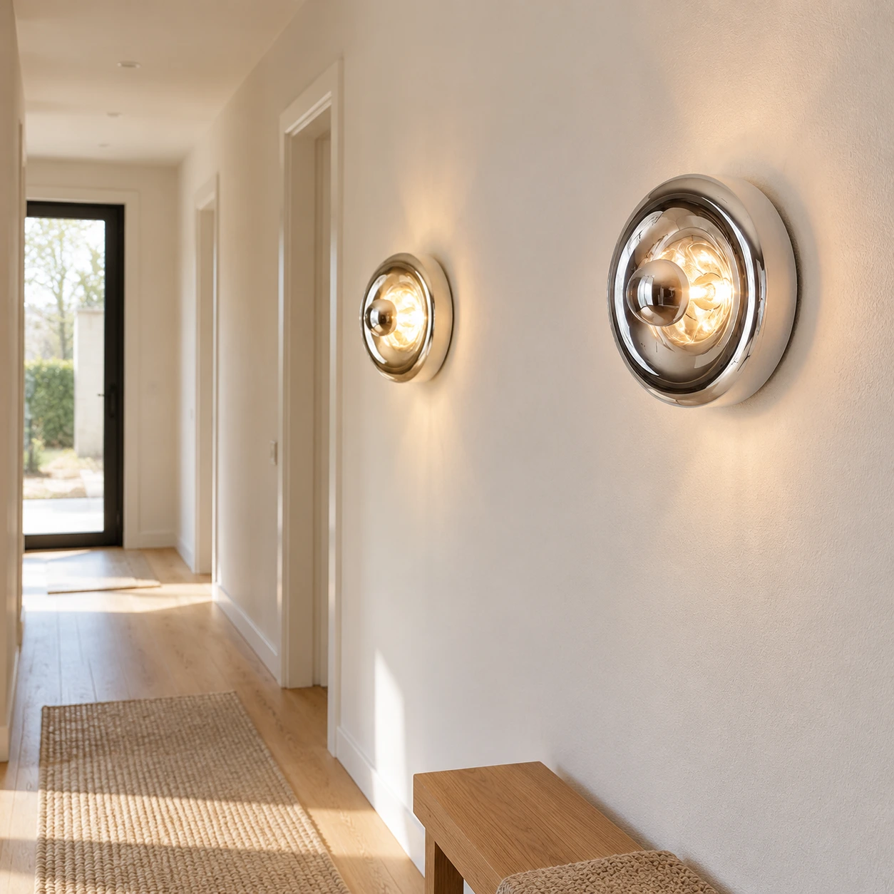 Pair of Lyric Chrome wall lights in a contemporary hallway