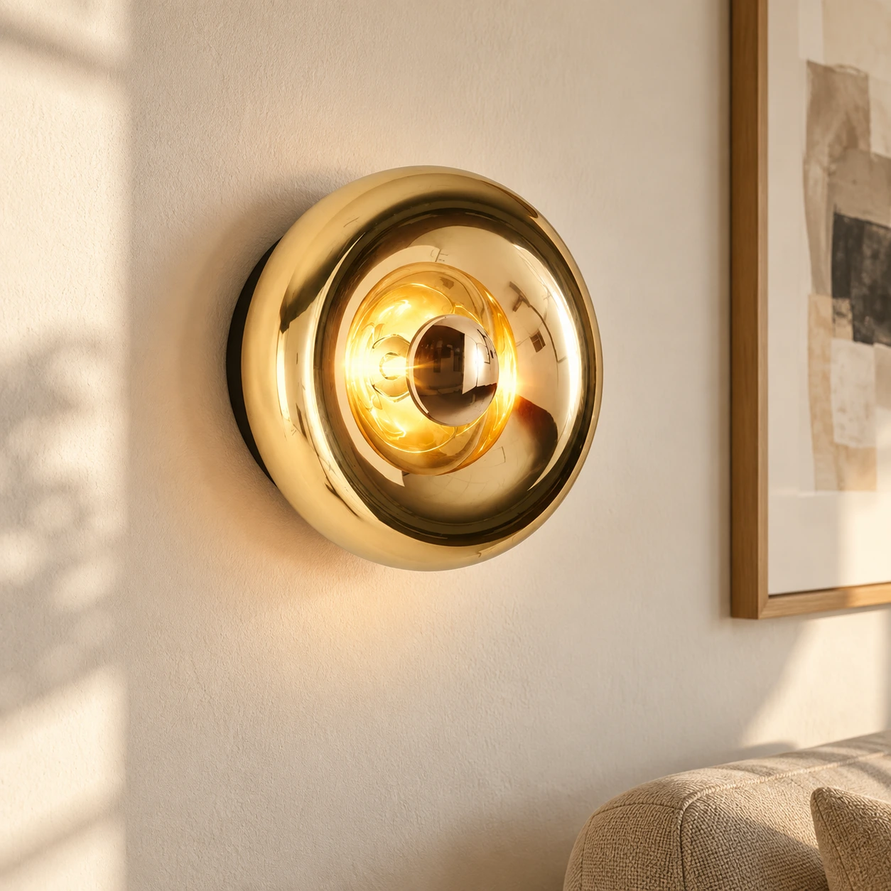 Lyric Gold round glass wall light in a warm contemporary interior