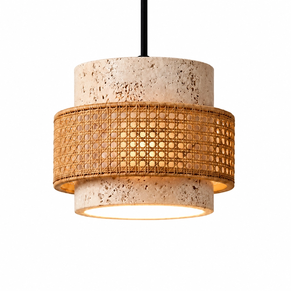 Natural and woven rattan finish pendant on a white background