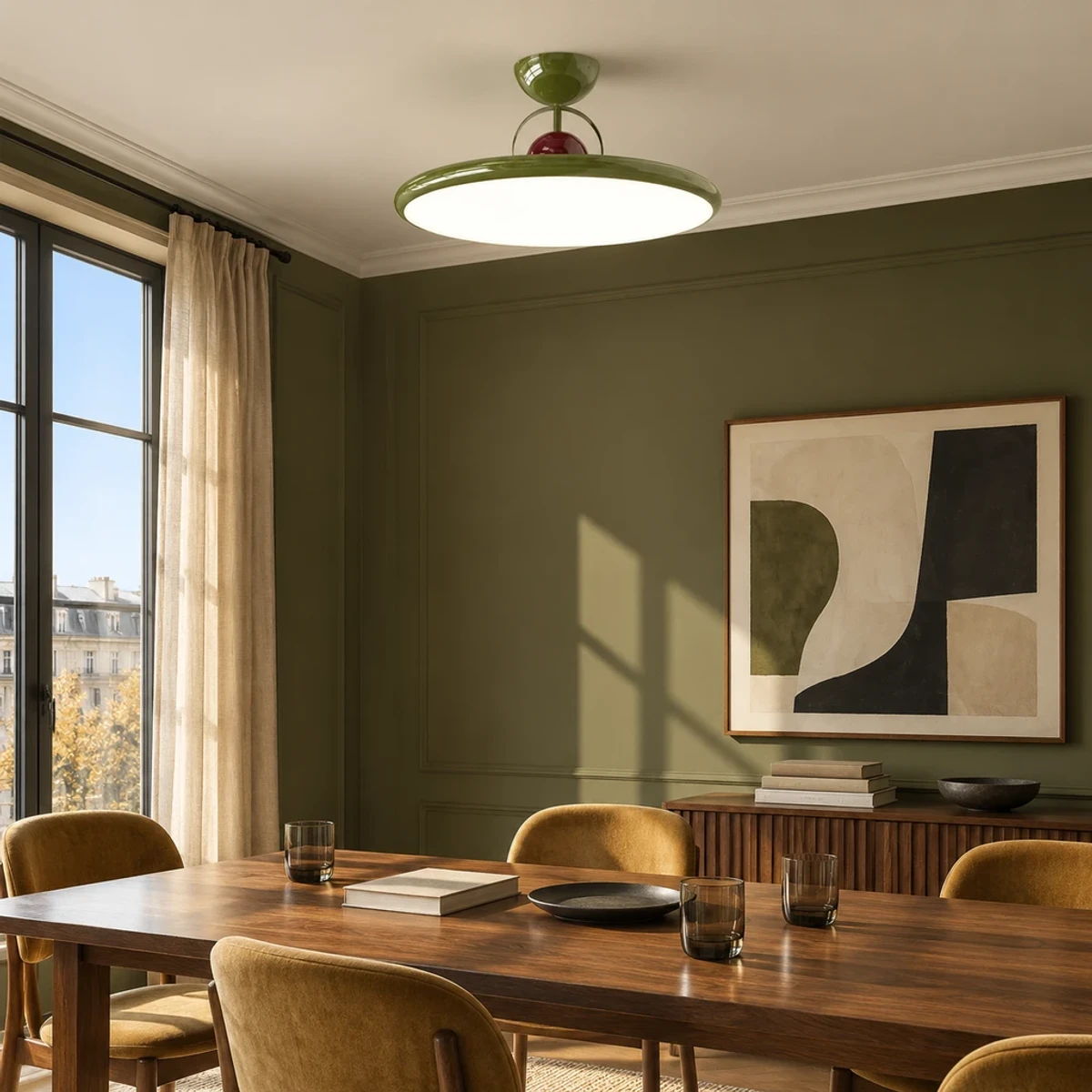 Green Letizia ceiling light above a warm walnut dining room