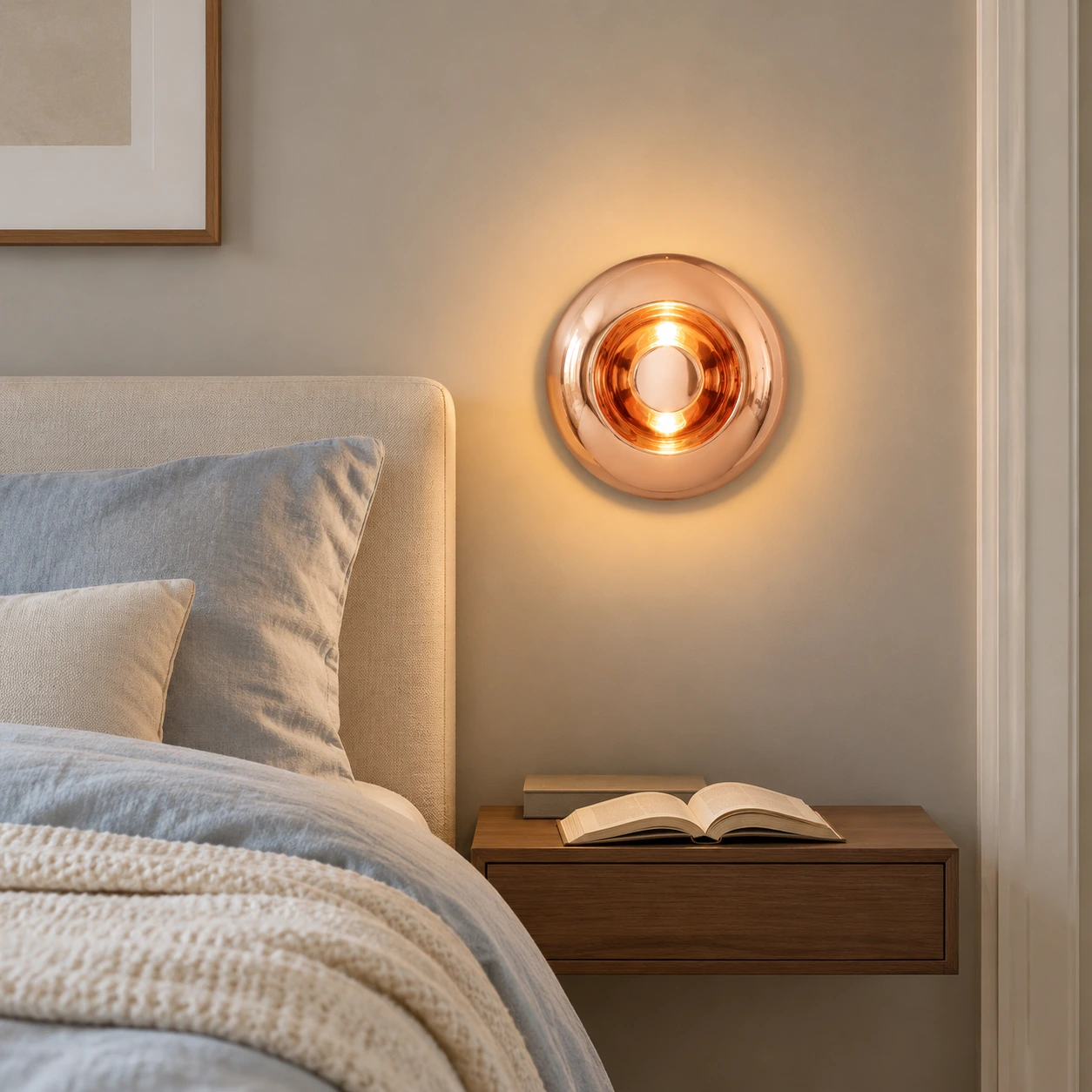 Rose Gold Lyric wall light in a softly furnished bedroom