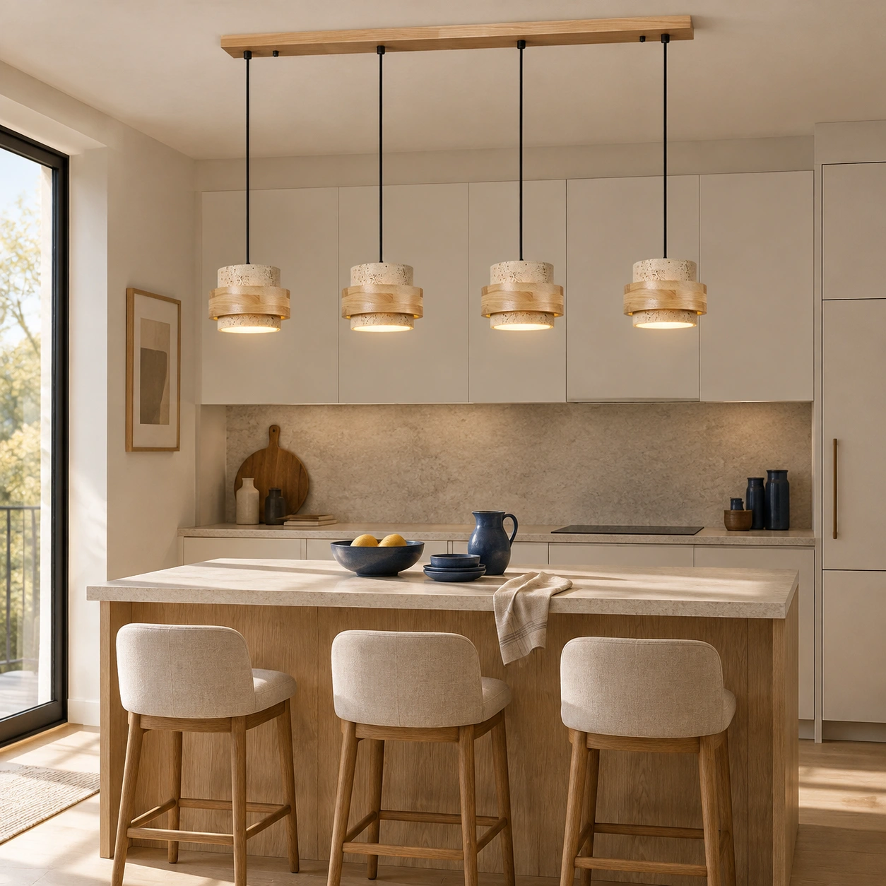 Four-head natural pendant above a kitchen island