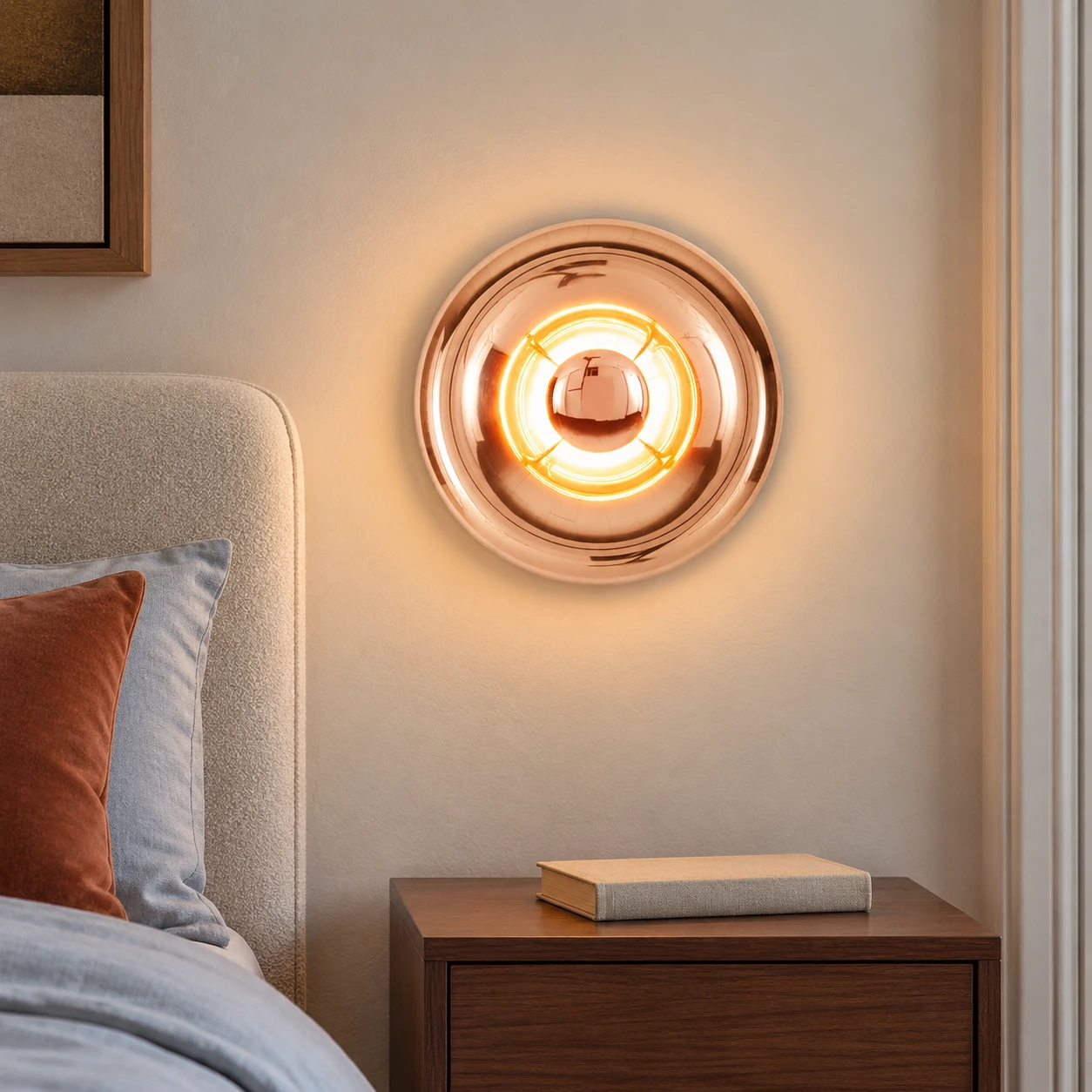Rose Gold Lyric wall light shown from the front beside a bed