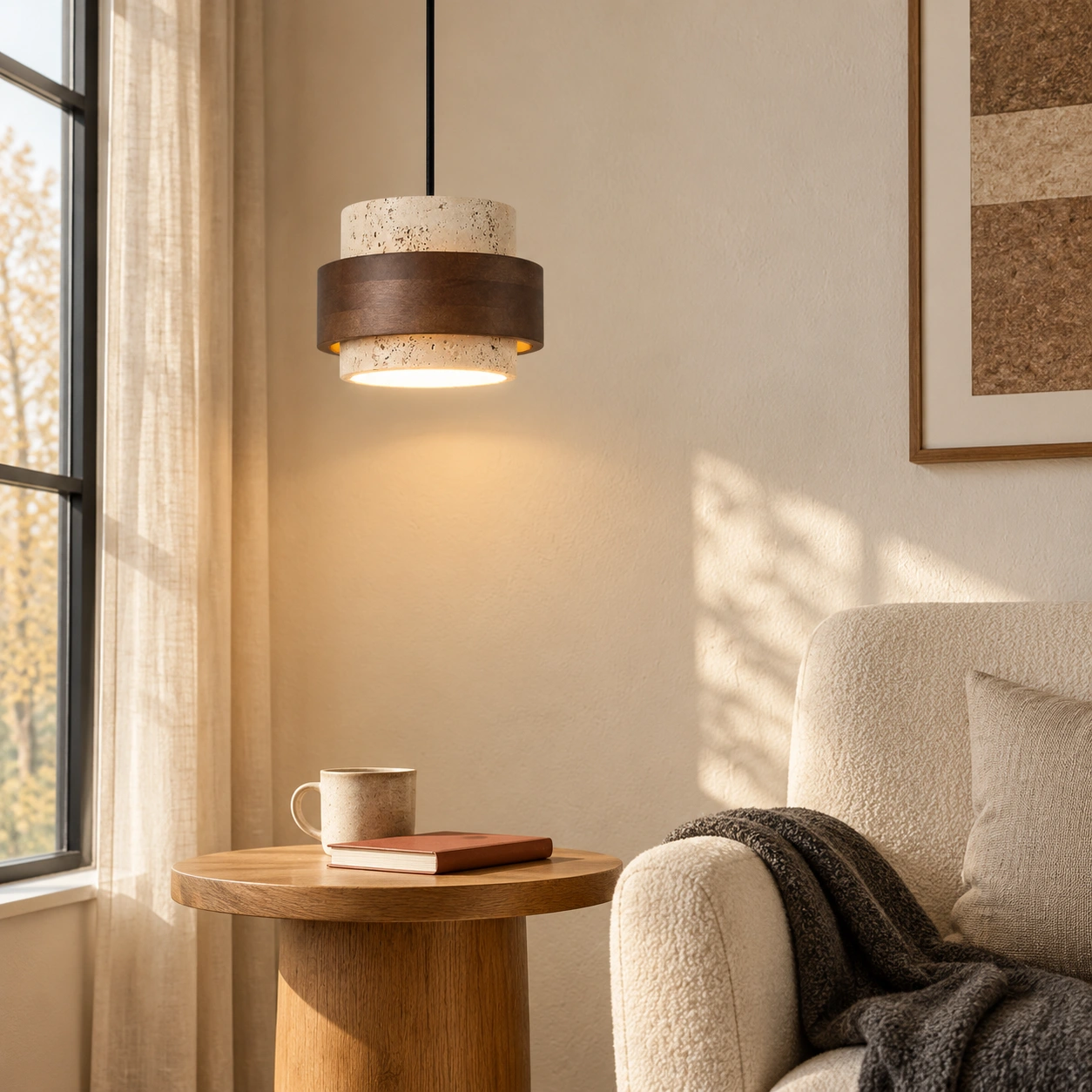Single beige pendant in a reading corner