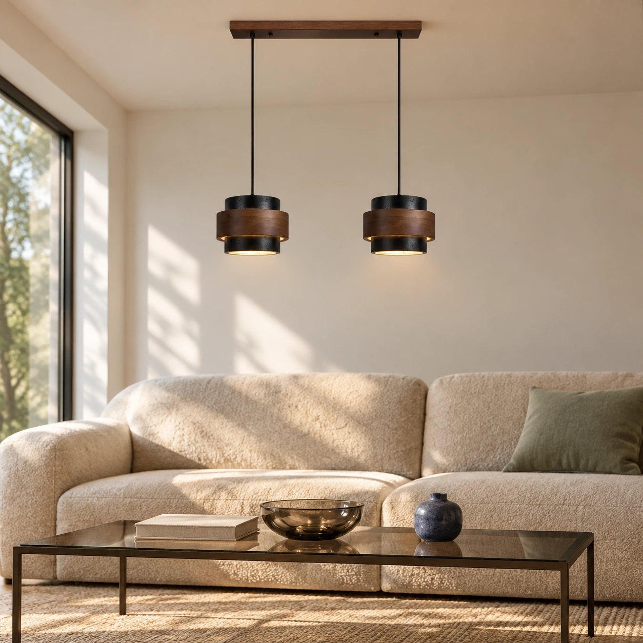 Two-head black pendant in a modern living room