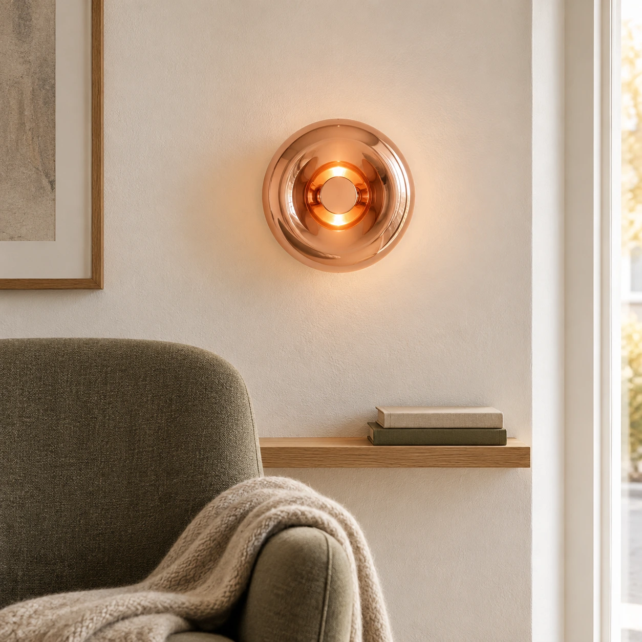 Rose Gold Lyric wall light in a modern reading nook