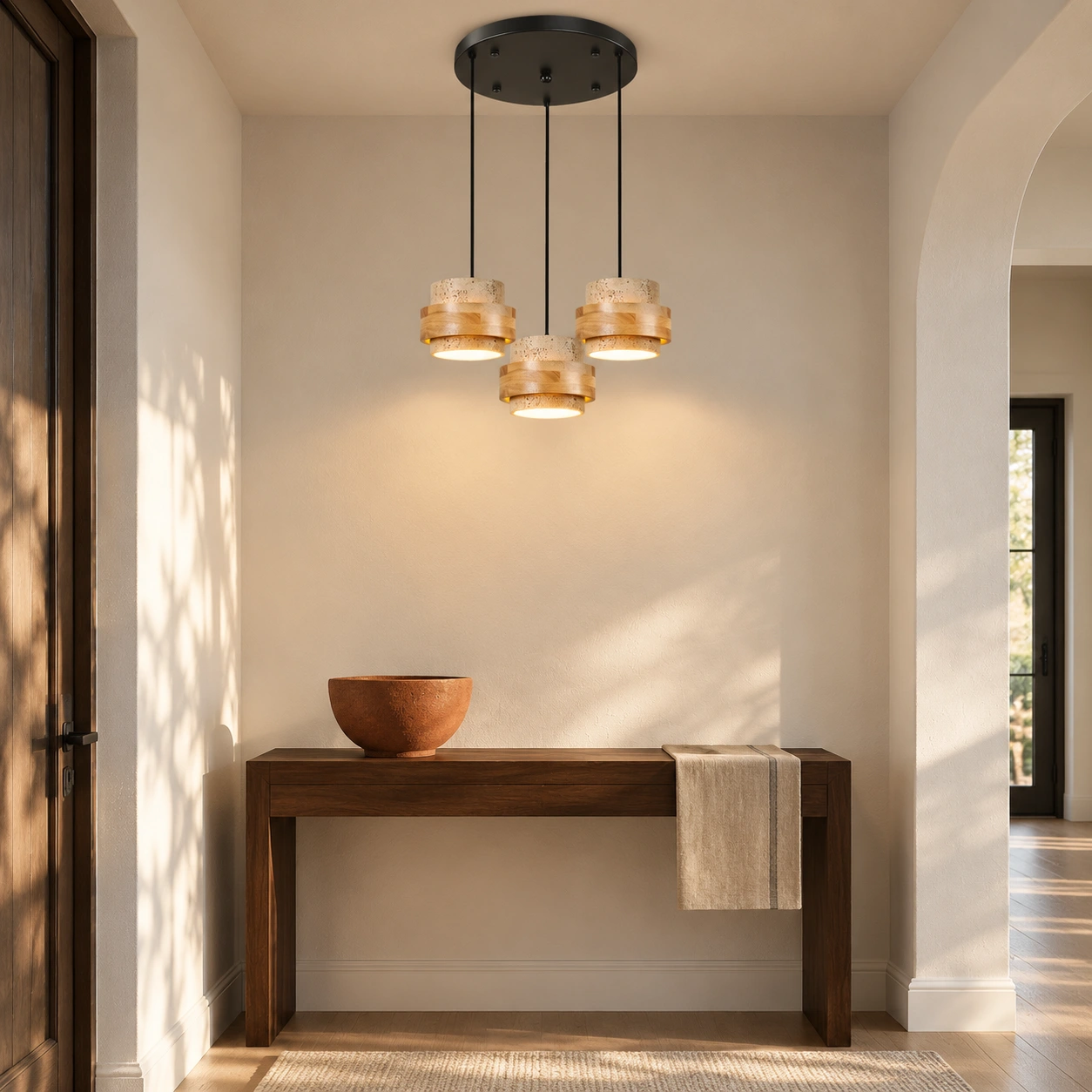 Three-head rattan pendant in an entry space