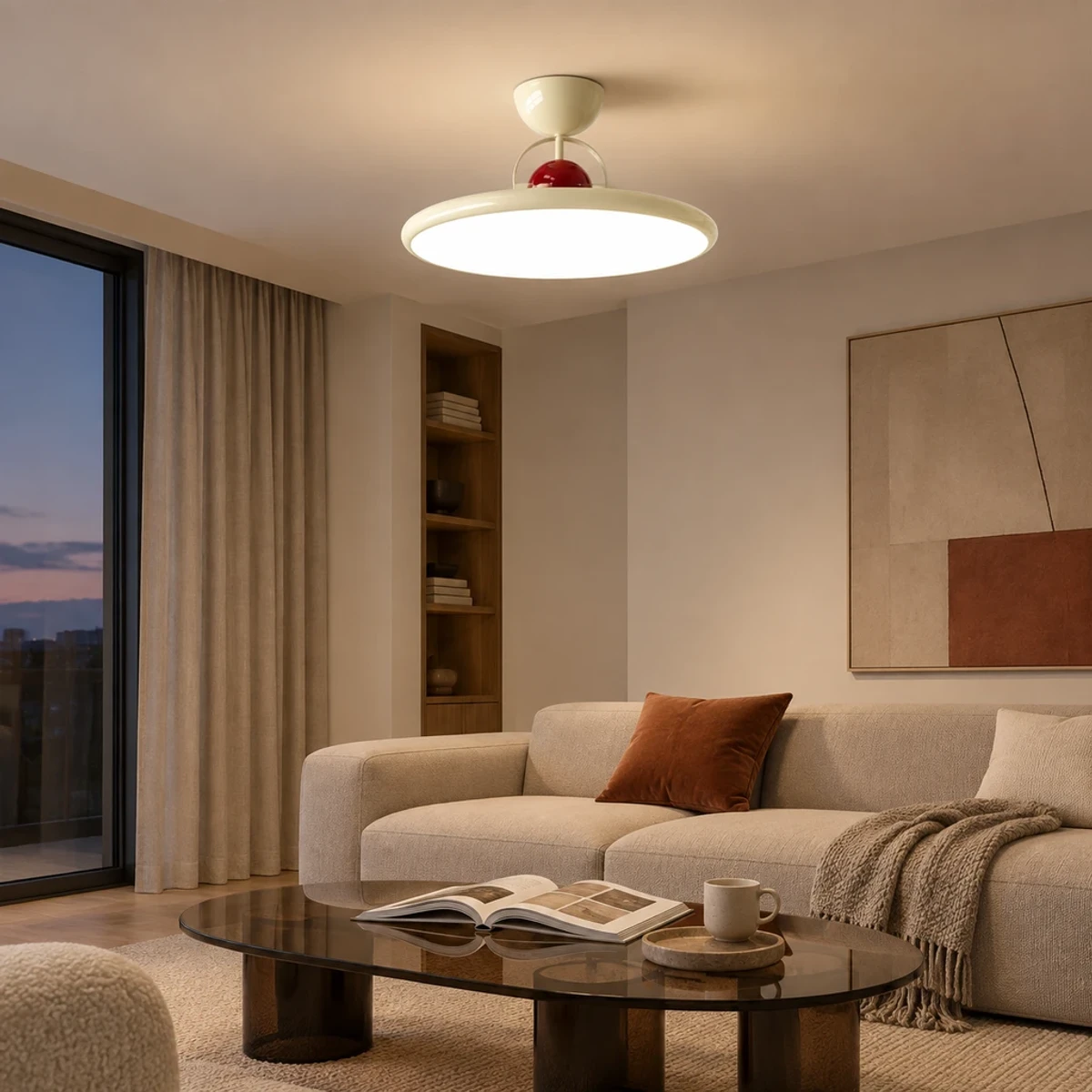 Beige Letizia ceiling light creating a soft glow in a modern living room