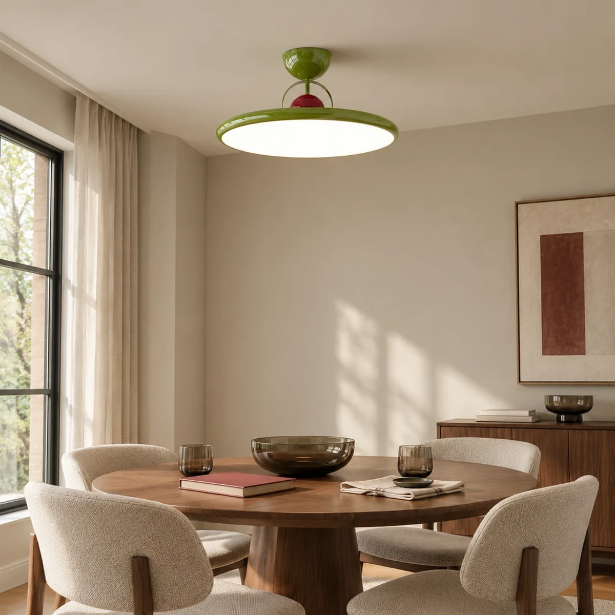 Green Letizia ceiling light above a balanced contemporary dining area