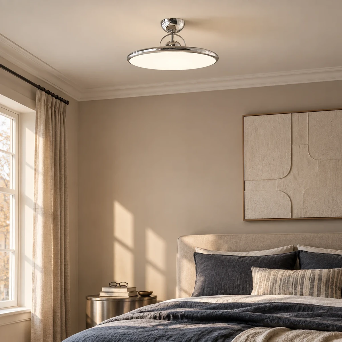Chrome Letizia ceiling light in a calm bedroom
