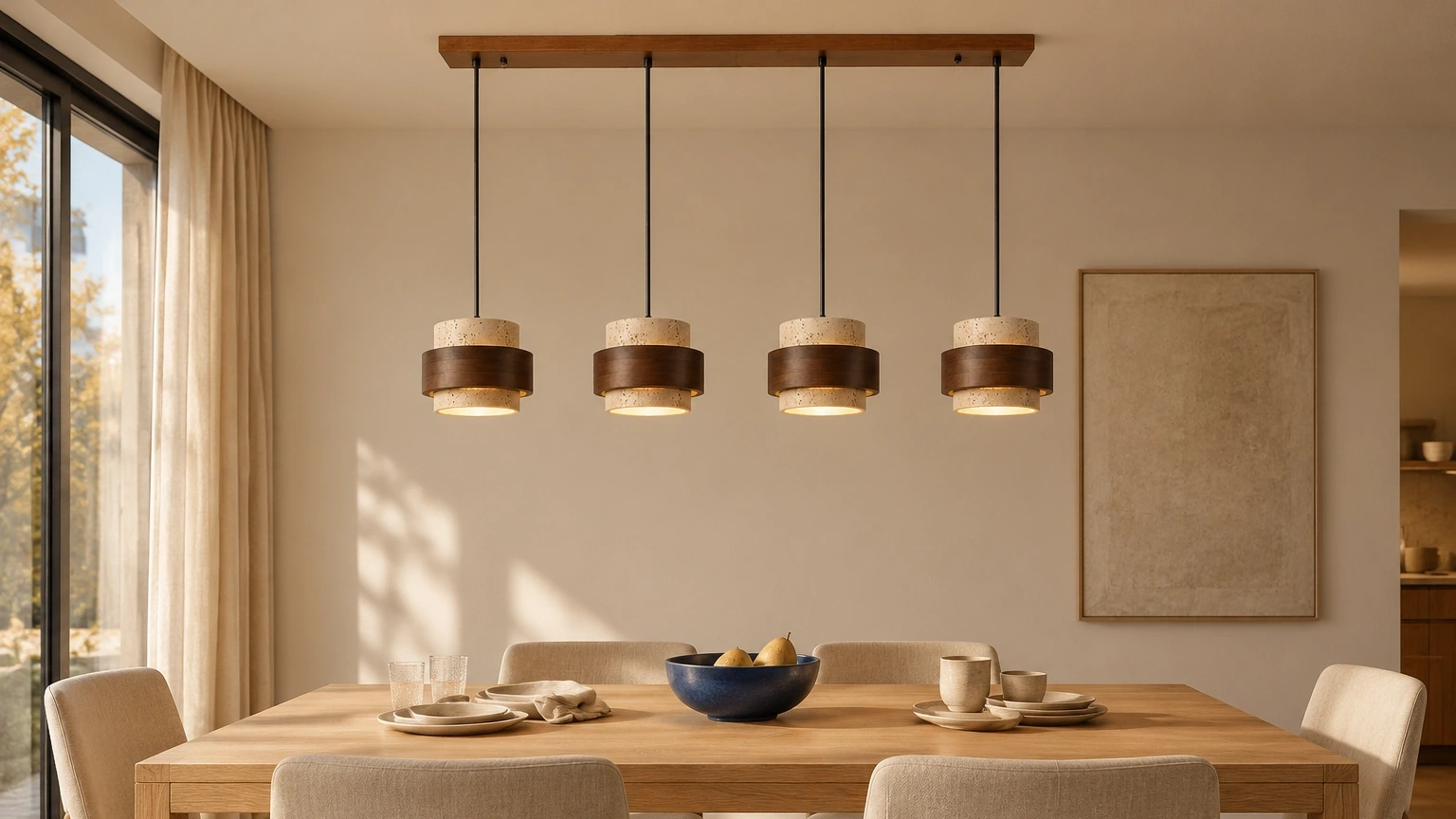 Four-head beige travertine pendant light above a dining table