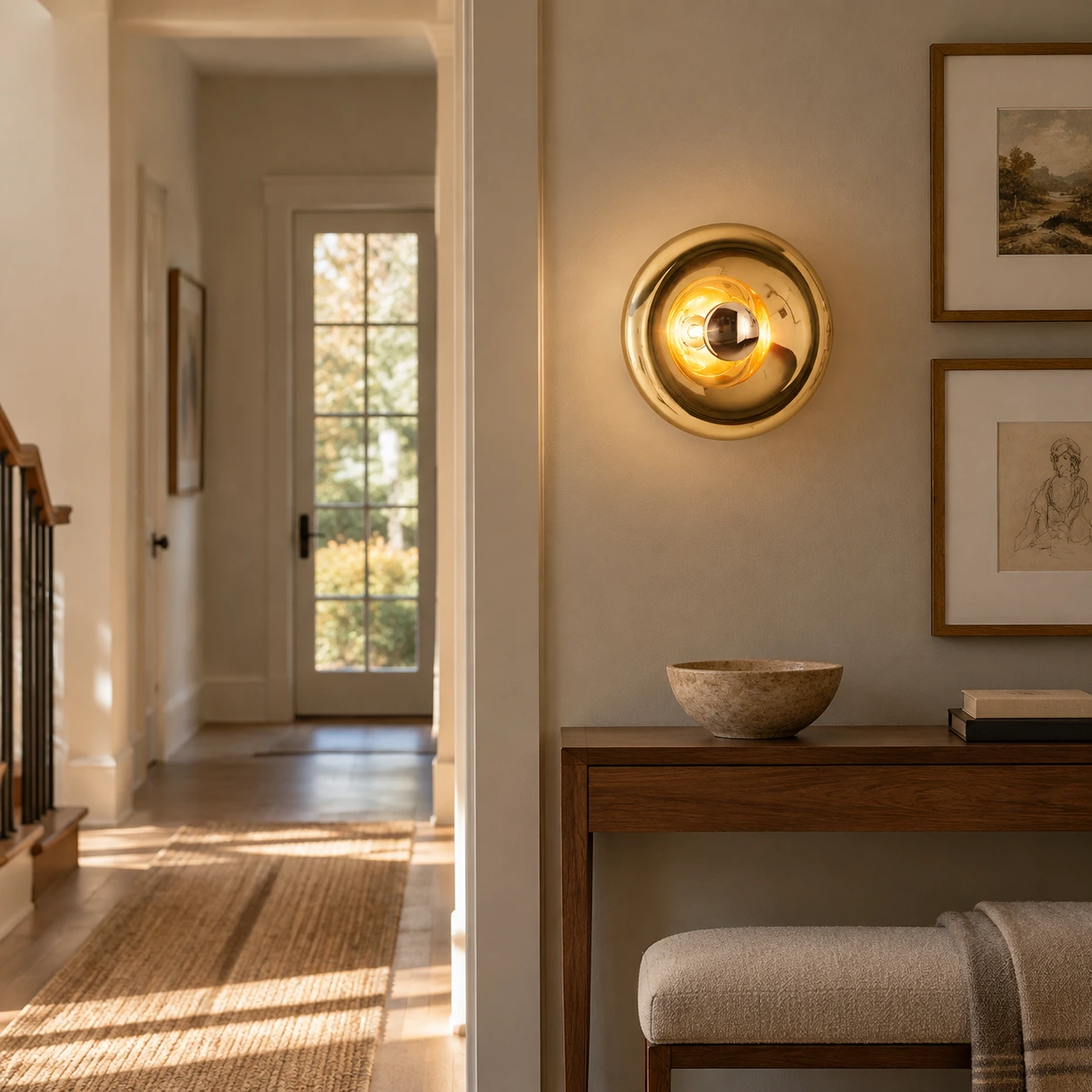 Gold Lyric wall light in a furnished contemporary hallway